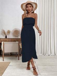 Breezaya Women's Strapless Ruffle Hem Vacation Summer Dress With High Slit - Navy Blue - View 3