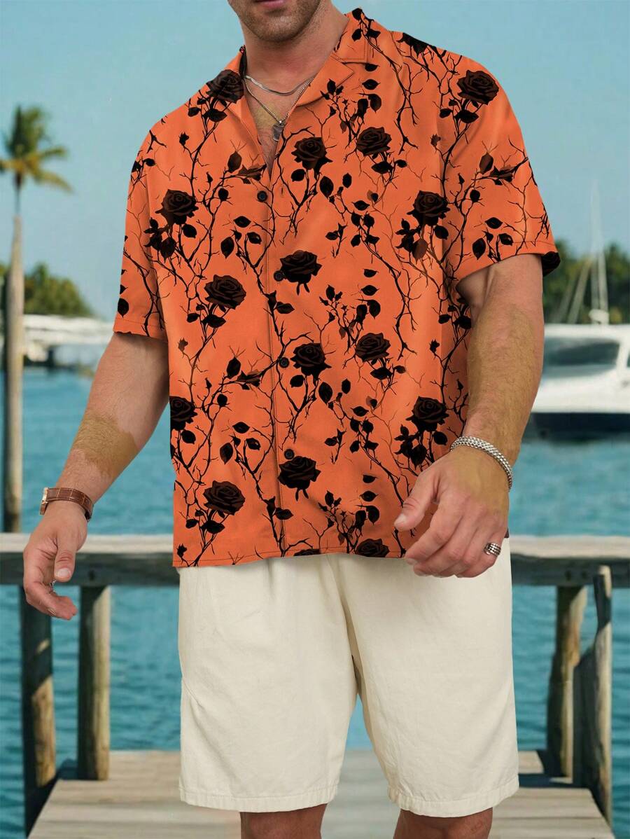 Manfinity RSRT Men Rose Printed Short Sleeve Shirt For Summer