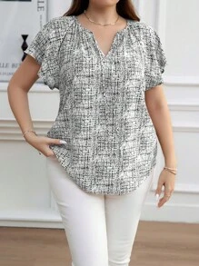 SHEIN Clasi Áo sơ mi ngắn tay in họa tiết thời trang dành cho nữ cỡ lớn - trắng - Xem 2