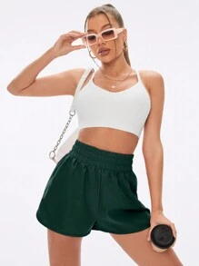 SHEIN Sports Women's High-Waist Elastic Waist Sports Shorts, Summer Jogger Shorts Comfy Short Sweater Shorts - Dark Green - View 7