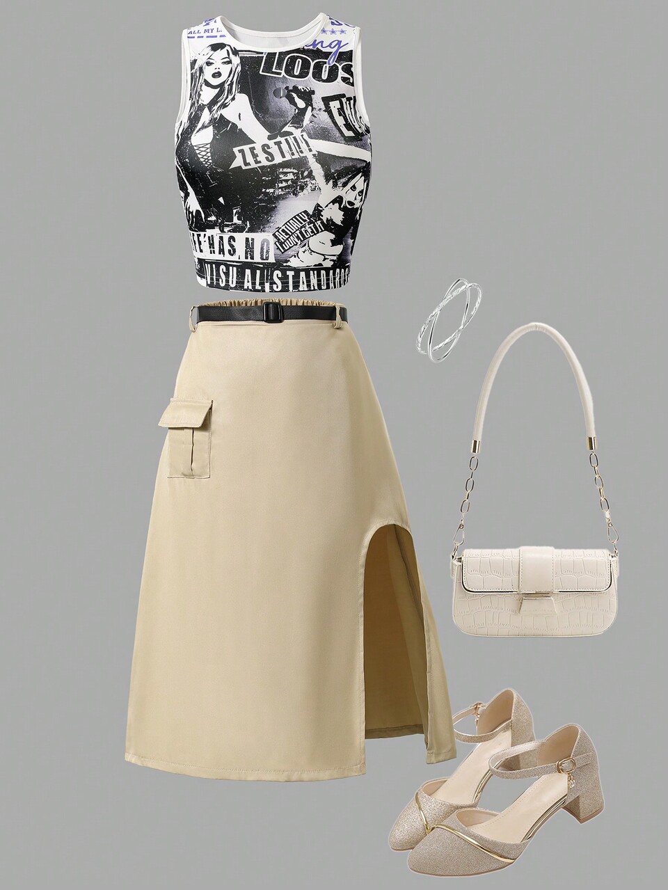 Teen Girl Round Neck Sleeveless Printed Top And Split Skirt With Pocket Design Two-Piece Set