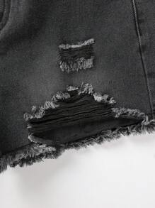 SHEIN Quần Short Denim Thường Ngày Cho Cô Gái Tuổi Teen Có Túi, Chi Tiết Rách Và Viền Sờn - Màu xám đen - Xem 5