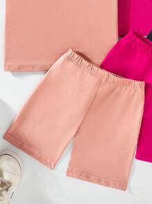 SHEIN Young Girl Solid Color Short Sleeve T-Shirt And Shorts 3-Color Casual Set, Summer - Multicolor - View 3