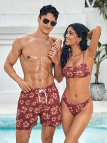 Manfinity VDAYZ Men's Beach Shorts Couples Matching Swimwear Drawstring Waist Front Tie Pocket Floral Print Beach Vacation Hawaiian