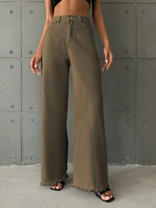 EURMUSE 毛邊闊腿牛仔褲 - 軍綠色 - 查看 5