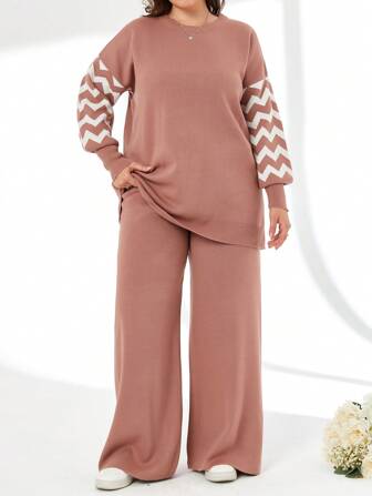 RueChic Set di due pezzi composto da maglione e pantaloni a blocchi di colore a righe, per l'inverno, disponibile in taglie oversize