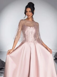 Elegant And Classy Ladies' New High-End Sequin Mesh Shawl With Spaghetti Strap A-Line Evening Dress - Rose Gold - View 4