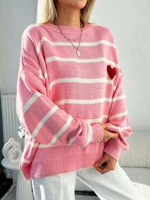 EURMUSE Plus Size Heart Pattern Drop Shoulder Stripe Pullover Sweater - Coral Pink - View 5