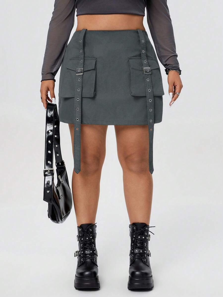 Coolane Plus Size Workwear Skirt With Large Pockets - Dark Grey - View 1