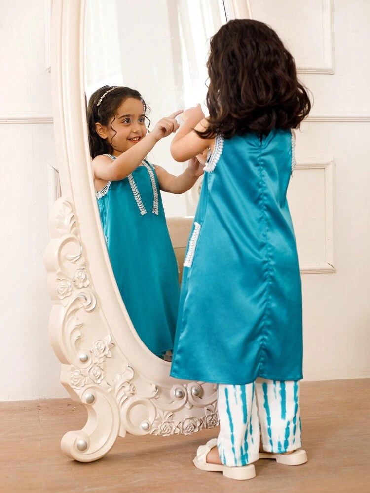 女の子用ロングスリーブVネックランニングトップ+カジュアルクロスバギーパンツセット、ファミリーマッチングアウトフィット（別々に3セットで販売）