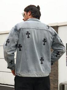 Manfinity LEGND 男士時尚十字印花長袖牛仔外套 - 中等水洗藍 - 查看 2