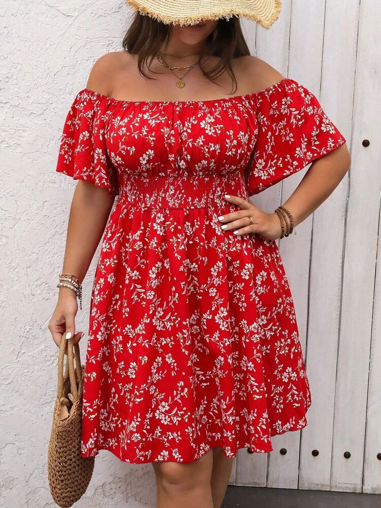Floral Open Shoulder Pleated Waist Dress