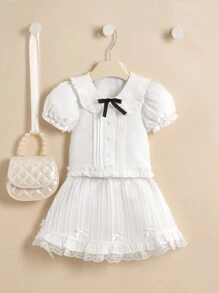 SHEIN Baby Girl Lovely Elegant Lace Top And Skirt Set For Spring/Summer - White - View 1