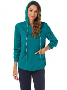 TaskEZ Shein Essnce Women Nurse Uniform Scrubs Summer Hooded Solid Color Long Sleeve  Uniform Top With Pocket - Green - View 8
