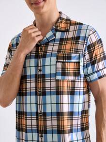 Men's Plaid Print Short Sleeve + Shorts Homewear Set - Blue - View 6