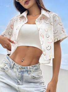 Comfortcana Camisa estampada de hombro caído con diseño integral para atuendo de verano