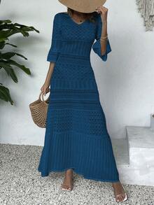 Đầm bodycon dài khoét lỗ cổ chữ V họa tiết hoa có tay bèo nhún, trang phục nghỉ dưỡng xuân hè (Họa tiết hoa ngẫu nhiên) - Màu xanh lam - Xem 7