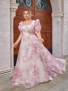 SHEIN Belle Váy xòe xẻ tà cao tay công chúa họa tiết hoa hồng lãng mạn cỡ lớn nhiều lớp, thanh lịch và ngọt ngào, phù hợp cho kỳ nghỉ và sự kiện trang trọng, váy dạ hội dự tiệc cưới, dự tiệc tốt nghiệp, tiệc tối - Nhiều màu - Xem 3