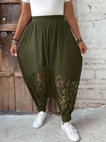 SHEIN LUNE Pantalon sarouel large de couleur unie pour femmes de grande taille avec décoration en dentelle et ourlet mi-mollet - Militaire verte - Voir 5