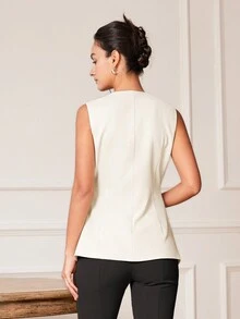 女式无袖短款商务休闲背心，合身优雅的复古风格设计，春夏 - 白色 - 查看 3