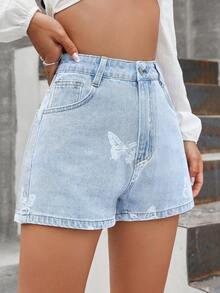 White Butterfly Pattern Print Denim Shorts - Light Wash - View 7
