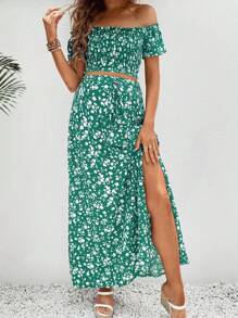 SHEIN Conjunto de top tubo y falda diaria impresa al azar para maternidad, 2 piezas - Verde - Ver 5