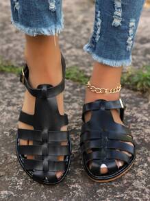 Sandalias planas romanas para mujer, pantuflas transpirables y de moda, atuendos de playa, atuendos de verano - Negro - Ver 4