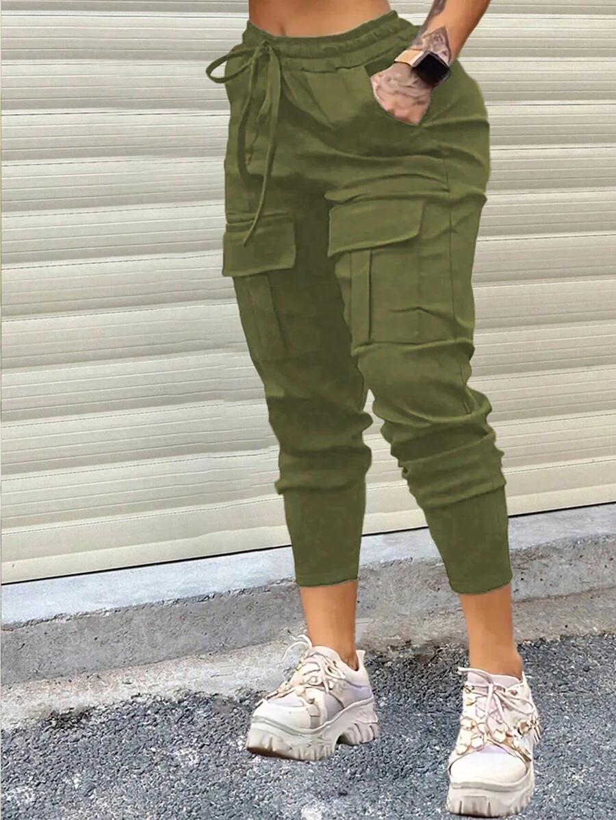 VaVaBold Pantalones deportivos casuales holgados para mujer con diseño de bolsillo y unicolor para moda - Verde militar - Ver 1