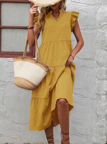 EMERY ROSE 女式宽松休闲夏季连衣裙，V 形缺口和荷叶边细节，长款女装