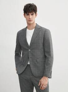 AKNOTIC Business Casual Easy Care 2pcs/Set Men's Old Money Style Woven Plaid Suit Jacket And Tapered Suit Pants, Suitable For Spring And Summer - Grey - View 3