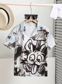 SHEIN Cậu bé Tween Giải trí Trang phục trên phố In Vòng cổ Lỏng lẻo phù hợp Ngắn tay Dệt Áo sơ mi - Xám - Xem 6