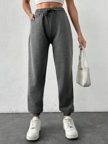 Cloudara Solid Color Drawstring Waist Jogger Pants - Dark Grey - View 3