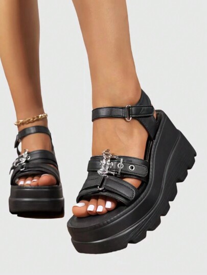 Women's 2024 New Outdoor Gothic Bat Metal Buckle Hook And Loop Punk Wedge Thick Sole Sandals For Summer