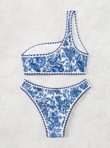 SHEIN Swim 女士一字肩印花時尚泳衣套裝嘉年華