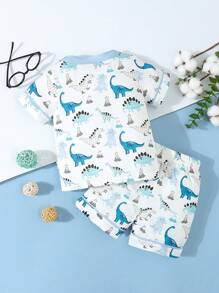 SHEIN Baby Boys' Simple Dinosaur Print Shorts And Short Sleeve Casual 2-Piece Pajama Set - White - View 2