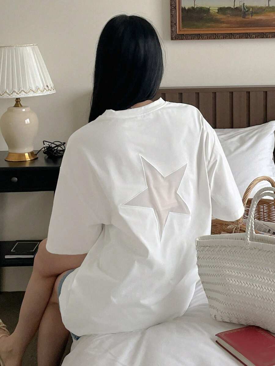 DAZY 女士休闲款星空网眼后背拼接休闲夏季T恤 Y2k 超大码T恤 - 白色 - 查看 1
