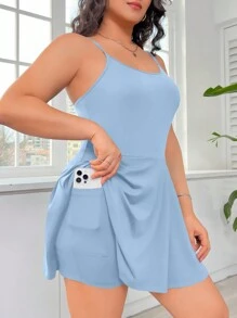 SHEIN EZwear Bộ đồ liền thân màu xanh không tay có kích thước lớn dành cho nữ, vải thoải mái, có viền ren, chữ A, thích hợp cho mùa hè, mùa thu, đi học lại, đi học, hoạt động ngoài trời, tập yoga trong nhà và trang phục thường ngày hàng ngày, có túi và chống- Chức năng chói - Màu xanh lam - Xem 1