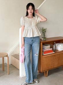 DAZY Women's Round Neck Solid Color Pleated Frill Hem Short Sleeve Shirt, Summer Elegant Style,Short Sleeve Tops,Ruffle - White - View 3