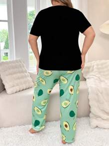 女士牛油果印花短袖長褲睡衣套裝 - 綠色 - 查看 3