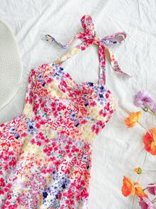 Soleia Vestito estivo da donna in stile vacanziero, con stampe floreali colorate ditsy, vita raccolta davanti e nodo annodato dietro al collo, balze sul fondo, adatto per matrimoni, lauree e altri eventi, carino per pranzi - Multicolore - Visualizzare 3