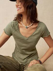 Bohemela Women's Summer Vacation Solid Color Slouchy Short Sleeve V-Neck T-Shirt