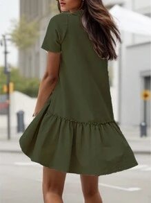 Chiquease 女士夏季休閒圓領短袖連衣裙，帶荷葉邊