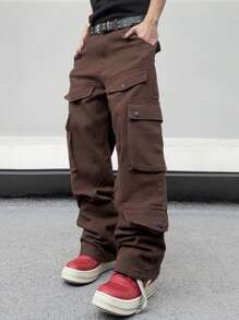 1pc Men's Multi-Pocket Wide Leg Cargo Denim Jeans - Coffee Brown - View 7