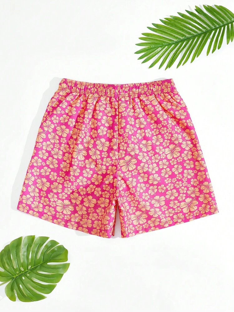 Men's Floral Print Drawstring Wide-Leg Beach Shorts For Vacation