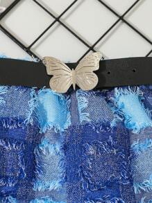 SHEIN 年輕女孩休閒風格格紋裙，春夏款 - 寶藍色 - 查看 5