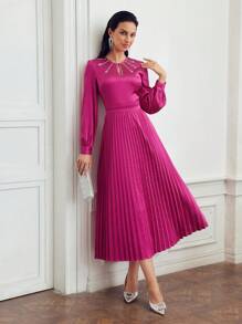 MOTF PREMIUM KEYHOLE NECK RHINESTONE DETAIL LANTERN SLEEVE PLEATED HEM DRESS - Hot Pink - View 8