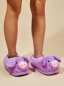 Cute Pig Thick Sole Funny Indoor Slippers, Closed Toe, Warm, Non-Slip Soft Bottom Women Slippers, Couple Gift - Purple - View 6