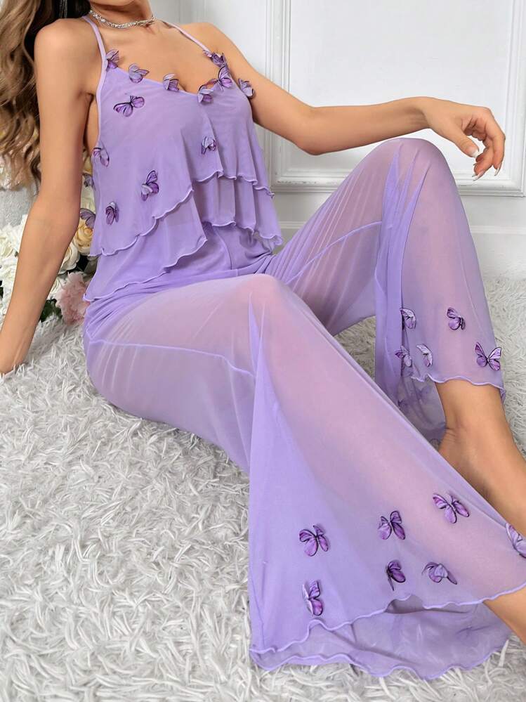 Crystal Vow 3D Butterfly Decorated V-Neck Women's Pajama Set - Lilac Purple - View 1