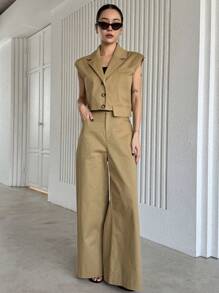DAZY Solid Color Lapel Collar Cap Sleeve Top And Wide-Leg Pants Suit For Women Work Women Clothes, Back To School Clothes Business Attire