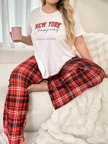 Bộ Pyjama tay ngắn in họa tiết cỡ lớn & quần ca-rô - Đỏ và trắng - Xem 4